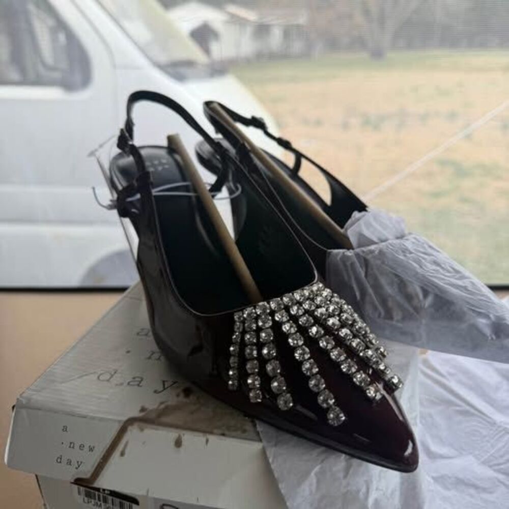 A New Day Serafina black Rhinestone Slingback Heels Size 9.5